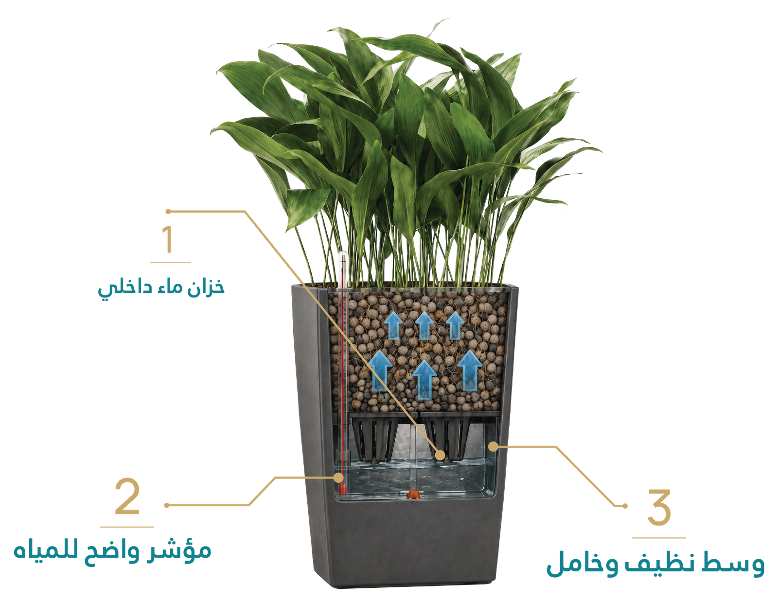 مخطط عربي يوضح خزان المياه الداخلي ومؤشر مستوى المياه والوسط الزراعي النظيف